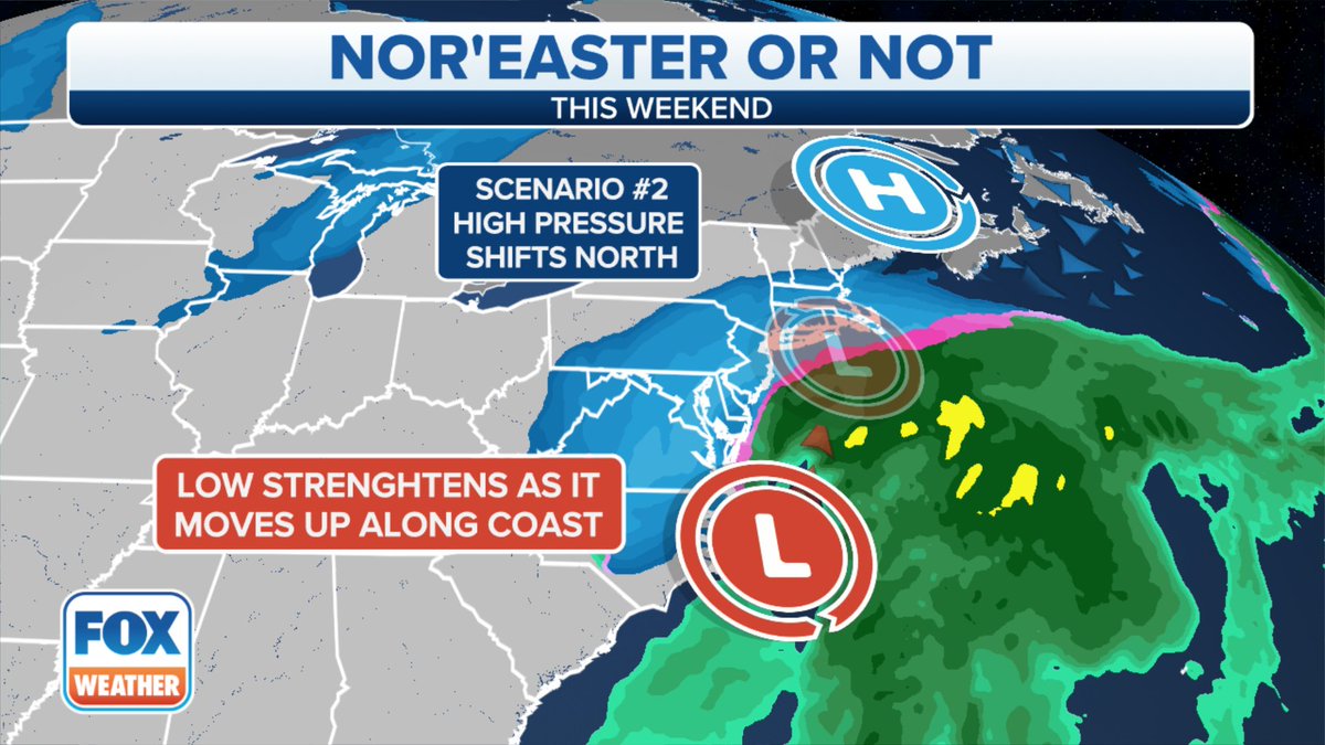 Lots going on in the east (again!) to end the week:

•Snow/ice potential for the Carolinas/GA/VA ❄️🧊
•A Nor'easter then tries to develop offshore 👀🌨️

Stay tuned! 📺📱 <a href="/FOXweather/">FOX Weather</a>