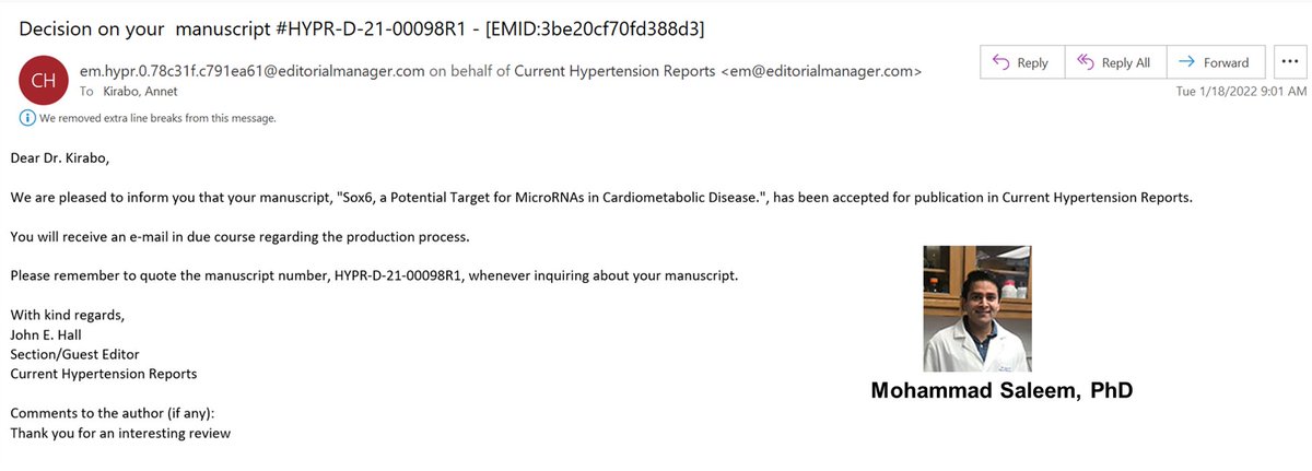annetkiraboc1's tweet image. Can&apos;t wait to share that our paper &quot;Sox6, a Potential Target for MicroRNAs in Cardiometabolic Disease&quot; is accepted in Current Hypertension Reports @SpringerNature! Thanks #EditorInChief Dr. Suzanne Oparil and #SectionEditor Dr. John E. Hall! Congrats 1st author @Mohamma91591696!