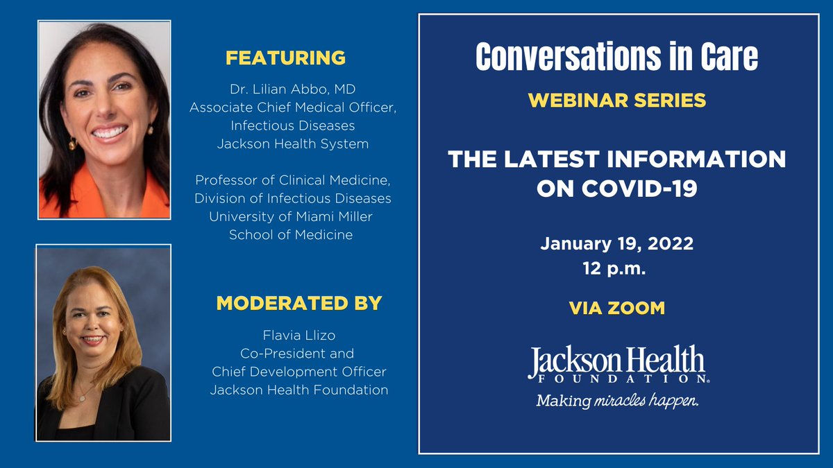 JHF_Jackson's tweet photo. Our next installment of Conversations in Care, our #webinar series, is happening tomorrow, January 19! Experts from @JacksonHealth will discuss the latest information on #COVID-19.
👉 Visit https://t.co/LaOt9PsrpG to register today! #SupportJHF #COVID #COVID19 #Omicron https://t.co/YBxtzOhCOW