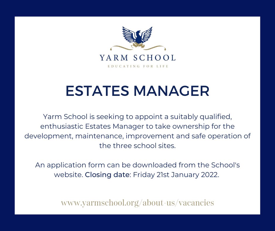 YarmSchool's tweet photo. We are looking for an experienced Estates Manager. Could this be you or someone you know?

Closing Date: Friday 21st January

For more information and an application form: https://t.co/YKZPObdyGV

#estatesmanager #estatesmanagement #pleaseshare https://t.co/NwBDvTkp4B