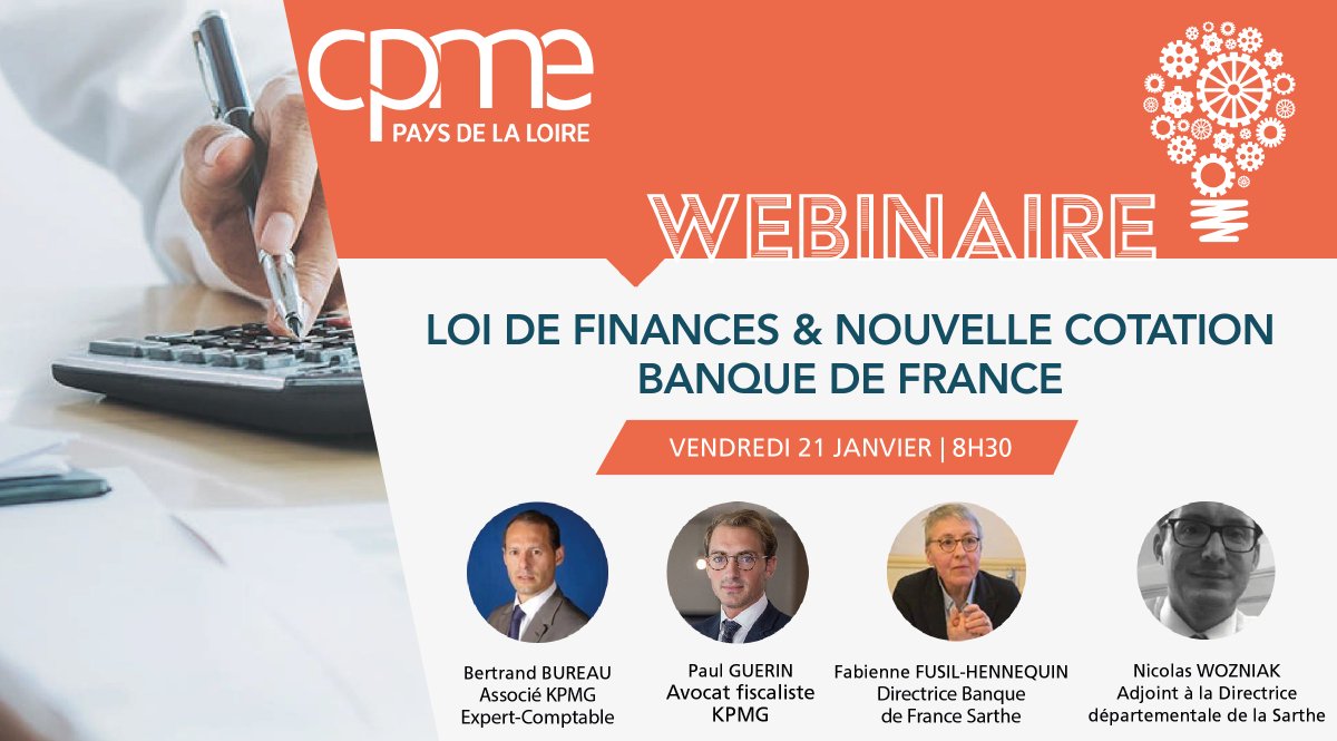 [#WebinaireFlash⚡] Loi de finances et nouvelle échelle de cotation <a href="/banquedefrance/">Banque de France</a>
🎙 Animé par <a href="/kpmg_ouest/">KPMG Ouest</a> et <a href="/banquedefrance/">Banque de France</a> 
📆 Vendredi 21 janvier à 8h30
Inscription 👉 bit.ly/3nzzT4t