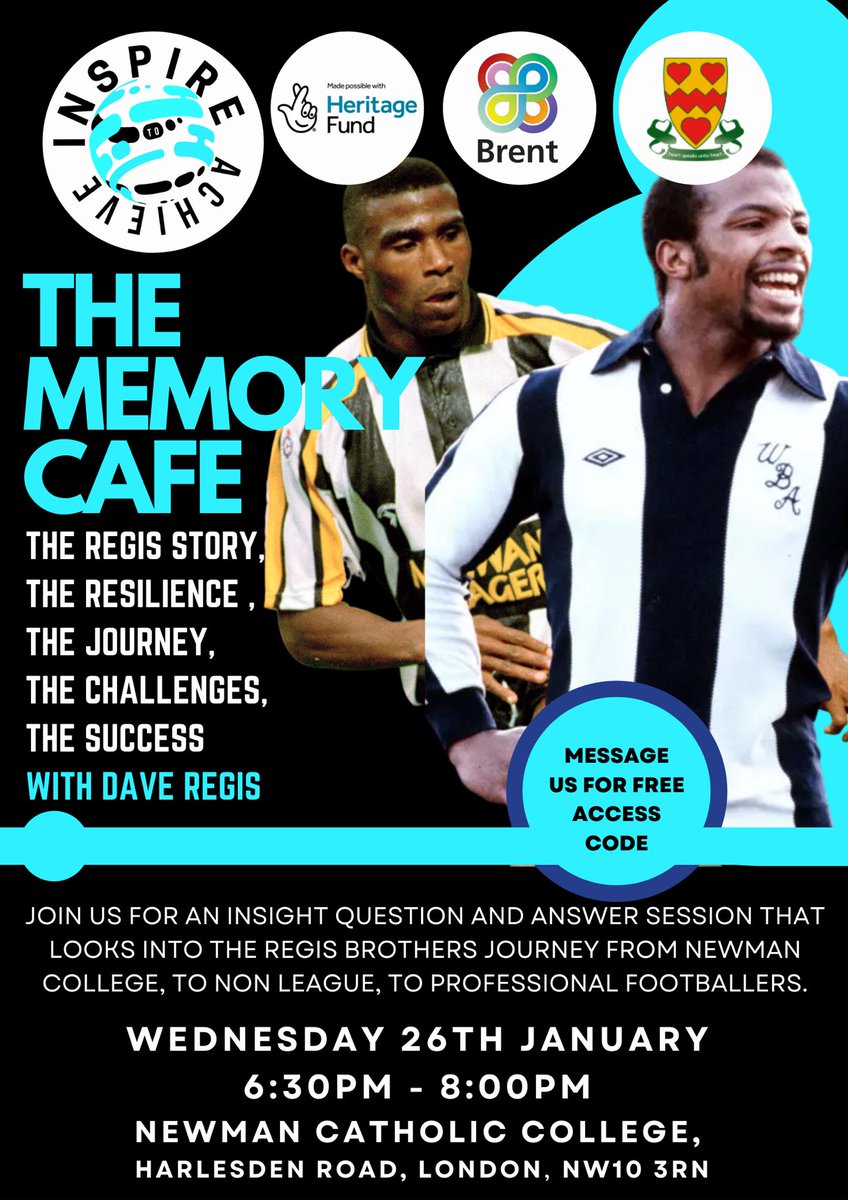 JasonRobertsFdn's tweet photo. We are delighted to be hosting our second Memory Cafe that takes look at the Regis brothers, after the hugely successful Steins Memory Cafe. To get involved with this free event DM us. @NCCBrent @HarlesdenNews @HeritageFundUK @HydeHousing @PFA @FootballFoundtn https://t.co/qnaghq3IID
