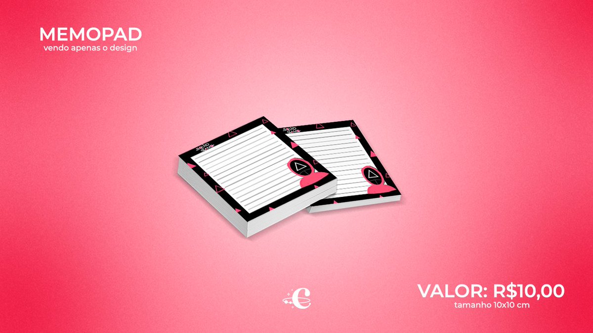 ✨ MEMOPAD À VENDA!
Round 6 (Soldados Rosa)

Valor:
• R$10,00 (cada)
• R$27,00 (kit com os 3)

Regras:
• Nos seguir
• Nos chamar na dm se estiver interessade.

*OBS.: Venda apenas do design!