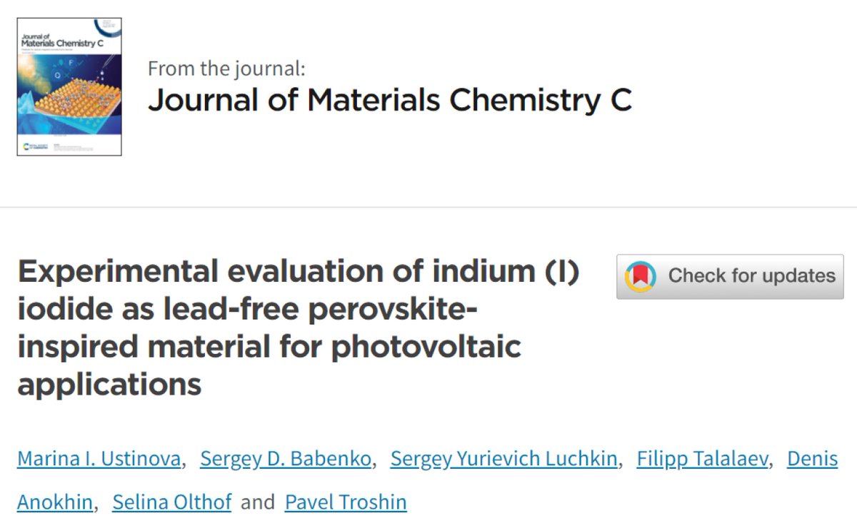 FMEM Lab (@fmeml) on Twitter photo Congratulations to Marina Ustinova and coauthors with their paper "Experimental evaluation of indium (I) iodide as lead-free perovskite-inspired material for photovoltaic applications" published in <a href="/JMaterChem/">J. Mater. Chem. family</a> С today!
pubs.rsc.org/en/Content/Art… Congratulations to Marina Ustinova and coauthors with their paper "Experimental evaluation of indium (I) iodide as lead-free perovskite-inspired material for photovoltaic applications" published in <a href="/JMaterChem/">J. Mater. Chem. family</a> С today!
pubs.rsc.org/en/Content/Art…