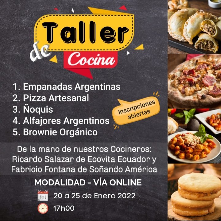 ECOVITAGROUP's tweet photo. COCINANDO CON 🐌ECOVITA 
De la mano de nuestros Cocineros de @ecovitaecuador y de Viajando América 
............................................
Modalidad vía Online
20 -25 de Enero
Horario 15h00  
🔔Reserve tu cupo Ya
#talleronline  #guayaquil #quito #emprende #machala https://t.co/SEkzNHxF20