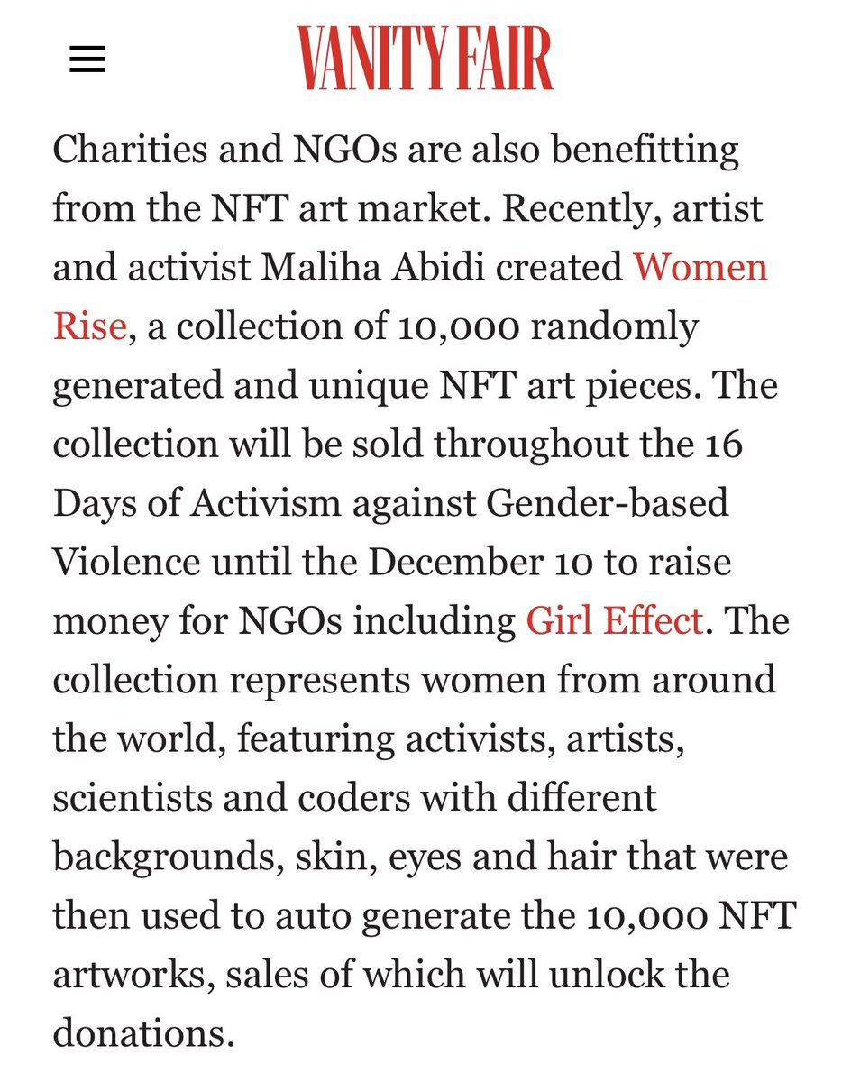WomenriseNFT's tweet image. Women Rise in @VanityFair ! 

Vanity fair updated an existing article from July 2021 and included Women Rise in it! We are feeling so grateful and over the moon that our project has been highlighted in such an incredible publication! 🥰🔥✊🏽

Article: vanityfair.com/london/2021/07…