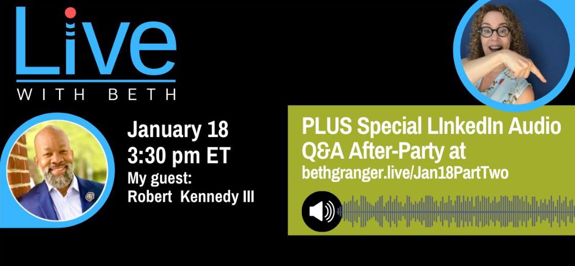 StephenCaggiano's tweet photo. This Afternoon, @BethGrangerSays is doing an audio Q&A after her LinkedIn Live interview, Jan 18 starting at 3:30pm ET.
@LinkedIn #Live is at
✅https://t.co/972Xh2YRHk✅
and the #audio segment will be at ✅https://t.co/IpKBdLnzjW✅
#UsGuys #SocialAudio https://t.co/IzsVSky9W9