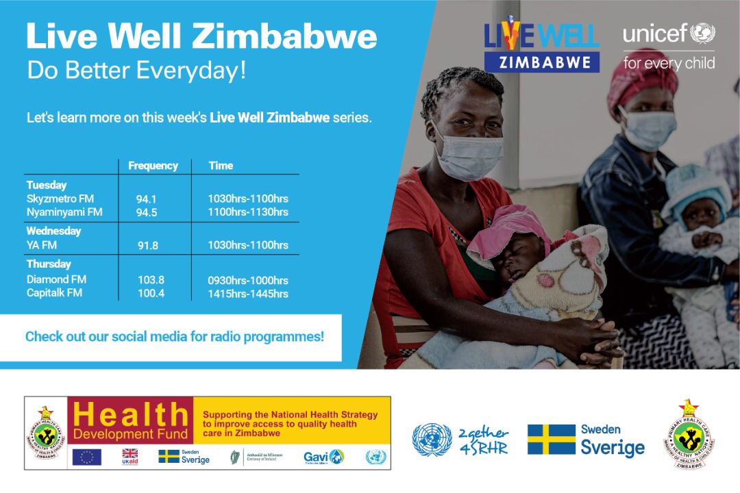 🎶 to Live Well Zimbabwe Radio Programme supported by @UNICEFZIMBABWE on 5 stations for info on life-saving practices & services available to empower communities  #ForEveryChild.

@SkyzmetroFM
@CapitalkFM
@NyamiNyamiFM
@DiamondFM
@YAFM

@MoHCCZim
#HDFZim🇪🇺🇸🇪🇬🇧🇮🇪
@UNICEFAfrica