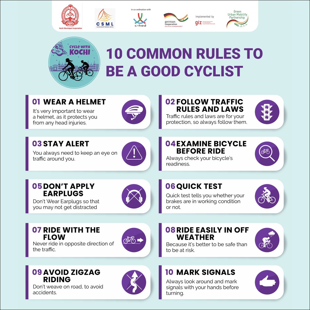 cyclewithkochi's tweet photo. #RoadSafety, in many ways, starts with the rider. We urge cyclists to follow road safety rules by following road signs and being alert on the roads. Dressing for visibility and wearing a safety helmet are important practices for cyclists on the street to ensure their safety. https://t.co/xdvGJITNPu