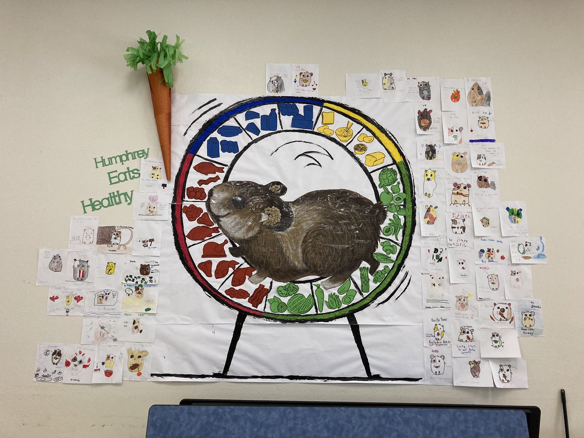 MrsAtchleysArt's tweet photo. Humphrey the hamster is eating healthy in the cafeteria. Check out our new hamster food group wheel. Thank you @lisarote for making my vision come to life! Thank you HES 2nd graders for your adorable hamster drawings.  #HESshinebright #lifeisbetterwithart https://t.co/wwsR48pauw
