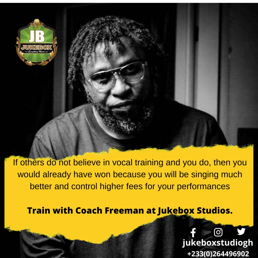 jukeboxstudiogh's tweet photo. If others do not believe in vocal training and you do, then you would already have won because you will be singing much better and control higher fees for your performances.

Train with Coach Freeman Daniel Ame !!!

We are located at East Legon. 
#JukeboxStudios #coachfreeman https://t.co/NjSdWniUda