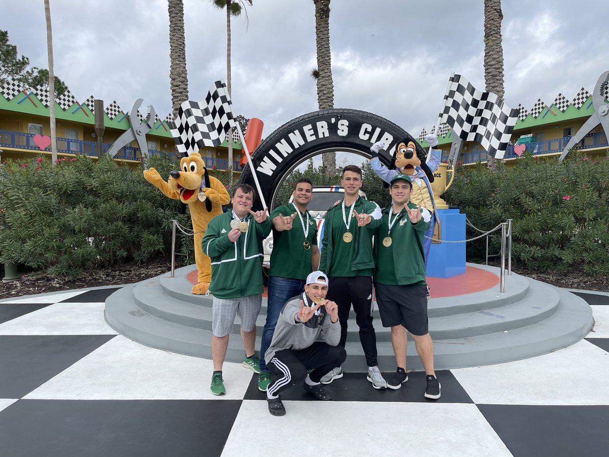 USFAthletics's tweet photo. We can't think of a better place to  celebrate winning a National Championship than at the Happiest Place on Earth! @WaltDisneyWorld

#HornsUp🤘 | #NationalChamps | #DisneyWorld https://t.co/ii0zVGDiQK