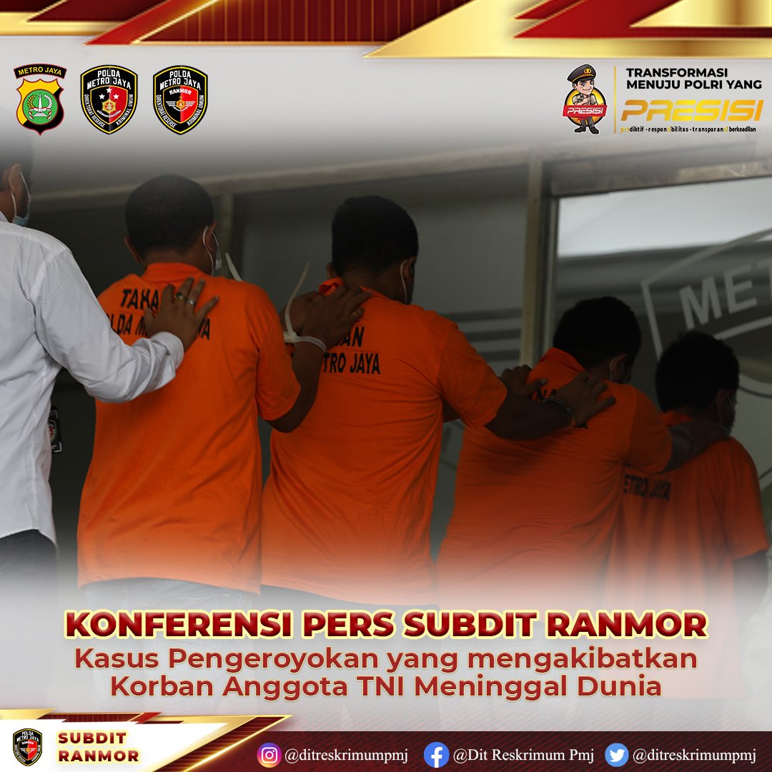 6_ranmor's tweet photo. Ditreskrimum Polda Metro Jaya, Subdit Ranmor berhasil menangkap pelaku pengeroyokan anggota TNI di Jakarta Utara, terkait kesalah pahaman antara pelaku dan korban yang berujung penusukan kepada korban ya itu anggota TNI. https://t.co/tJTU36xdcn