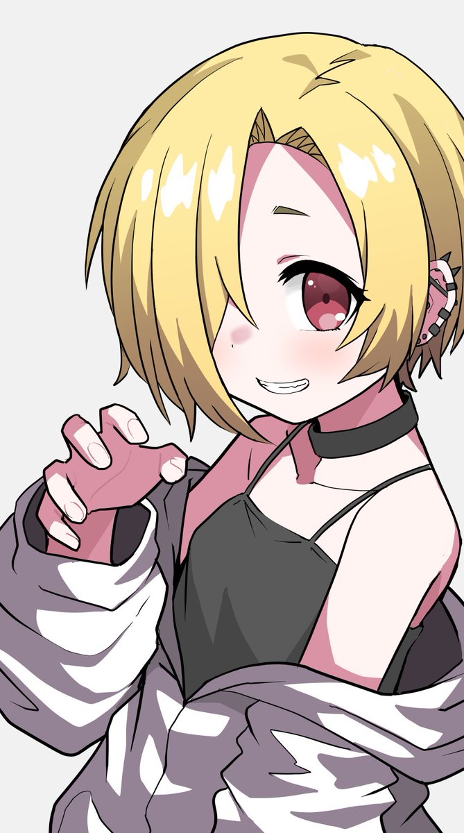 shirasaka koume 1girl solo blonde hair ear piercing smile piercing hair over one eye  illustration images