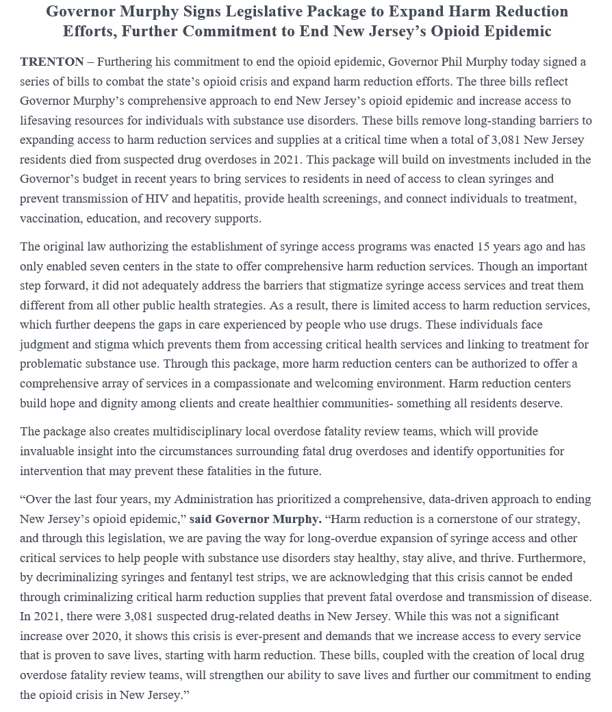 GovMurphy's tweet image. Today, I signed a legislative package to expand harm reduction efforts. These bills will strengthen our ability to save lives and further our commitment to ending the opioid crisis in New Jersey.