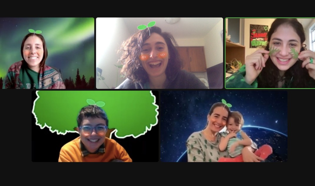 ShoreshTO's tweet photo. Even though the Shoresh team couldn't all be together to celebrate #TuBiShvat, the New Year for the Trees, we celebrated virtually in style, thanks to Zoom's very fitting filters!

Hope you all managed to get outside yesterday and get to know the  amazing trees around you. https://t.co/chg66wP2Y9