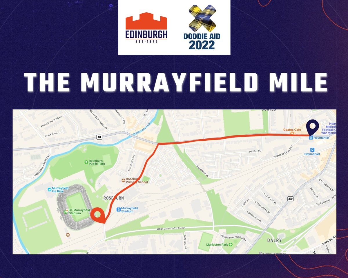 EdinburghRugby's tweet photo. Taking part in #DoddieAid? 🏃 Then why not get your steps in ahead of kick-off this Friday night! 

We're encouraging supporters to get active and walk the 𝗠𝘂𝗿𝗿𝗮𝘆𝗳𝗶𝗲𝗹𝗱 𝗠𝗶𝗹𝗲 from Haymarket if able, the perfect prep for Friday Night Lights at @dam_health Stadium! https://t.co/YYTDbgdi98