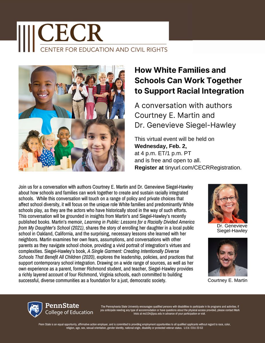 Join us at 4 pm ET on Feb. 2 for a virtual conversation about racial integration, focused on the role of White families and schools, with authors Courtney Martin and Genevieve Siegel-Hawley. Register for free at tinyurl.com/CECRRegistrati….
<a href="/PSUWorldCampus/">Penn State World Campus</a> @PSU_CollegeofEd