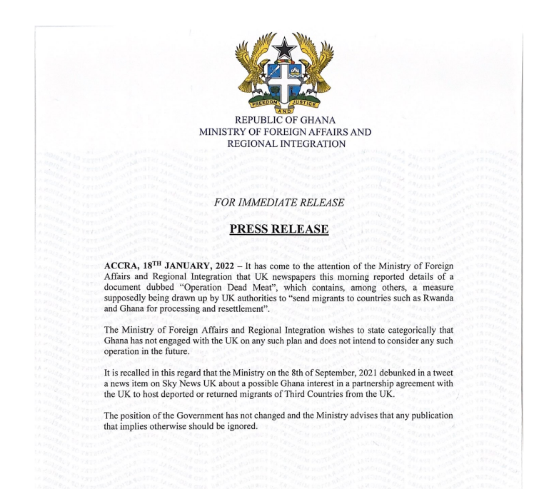 maybulman's tweet photo. Ghana's statement in response to reports yday that it is in talks with Britain about hosting a processing centre for UK asylum seekers
States that it is not engaged in any such discussions and 'does not intend to consider any such operation in the future' https://t.co/83uI2J3yhM