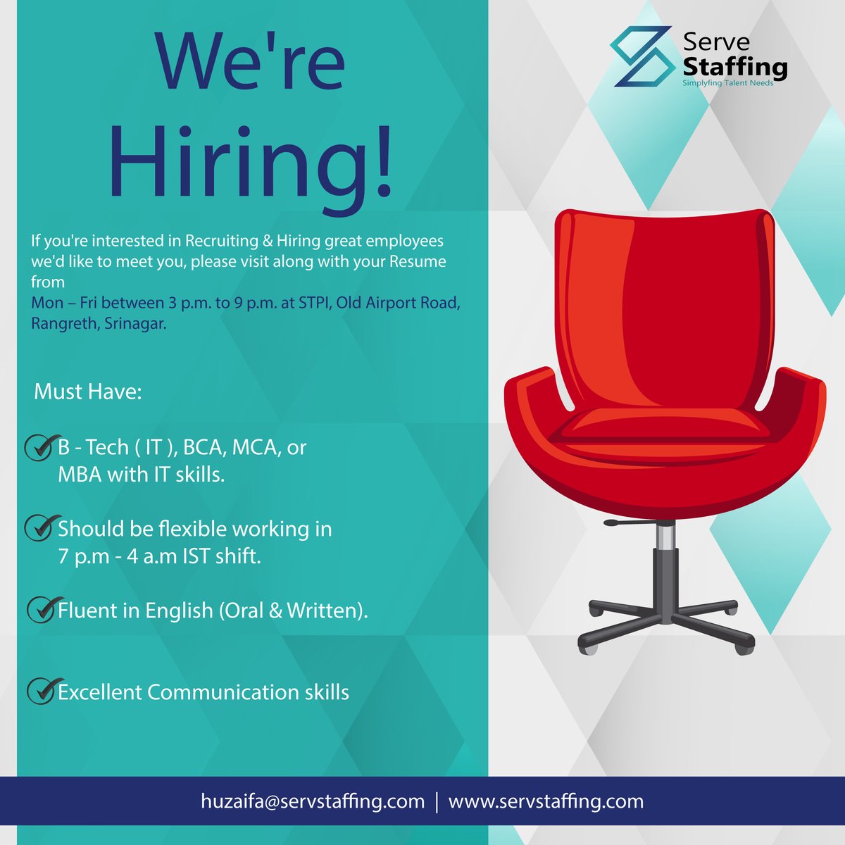 ServStaffInc's tweet photo. We're #hiring for a IT Recruiter at our Srinagar office. This Talent Acquisition role is ideal for an organised individual with good IT and communication skills.

Interested candidates can send their resume to huzaifa@servstaffing.com

#ServStaffing https://t.co/kkVIvSCGiJ