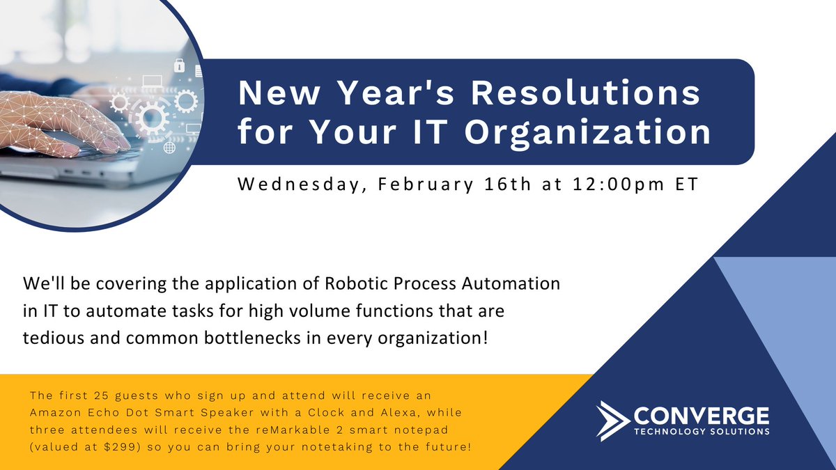 essextec's tweet photo. Join us Wednesday, February 16th at 12:00PM ET for our "New Year's Resolutions for Your IT Organization" event! The first 25 guests to register will receive an Amazon Echo Dot smart speaker! 

Register here: https://t.co/hyKYQ3TPhH https://t.co/bxFpxlJHnB