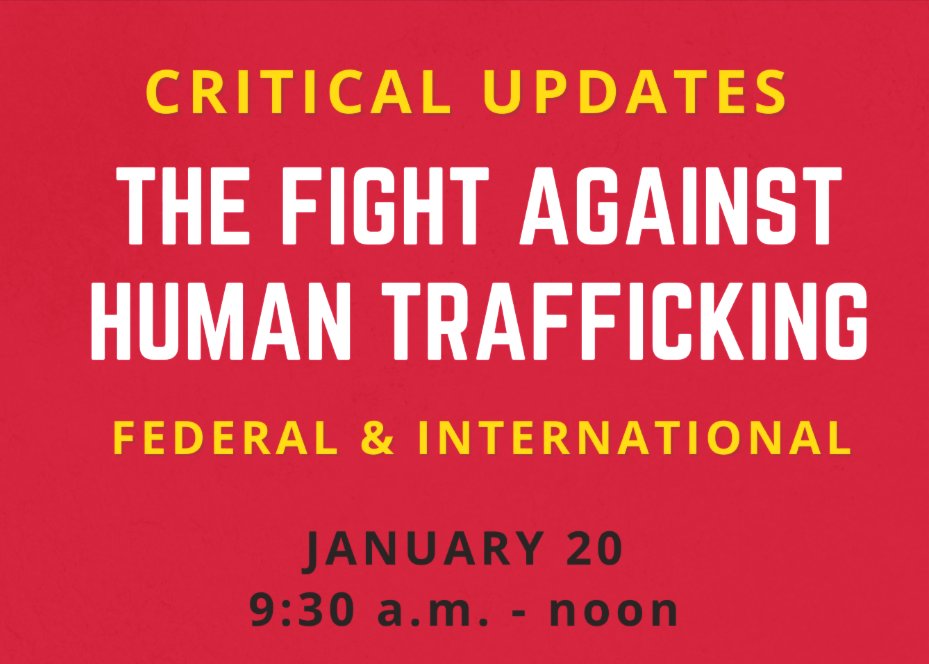 Don’t forget to join <a href="/UMDSAFECenter/">UMD SAFE Center</a>   <a href="/UMBaltimore/">University of Maryland, Baltimore</a> <a href="/UMBGradSchool/">UMB School of Graduate Studies</a> <a href="/MoCo_HTPC/">MoCo Human Trafficking Prevention Committee</a> &amp; <a href="/PGCMLS/">Prince George's County Memorial Library System</a> on Thursday, January 20 for a virtual program on "Critical Updates in the Fight Against Human Trafficking." 

Registration Now, ow.ly/gY6T50Hrhvj #EndHumanTrafficking