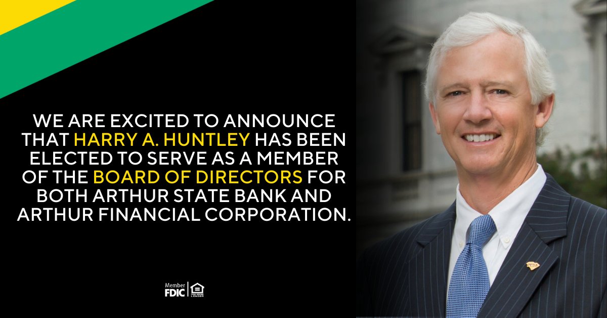 ArthurStateBank's tweet photo. "Harry will be a great addition to both Board of Directors as he brings a wealth of knowledge and experience."

Carlisle Oxner, III, chairman of Arthur Financial Corporation and Arthur State Bank

We are honored to welcome Harry and his experience and insights to our family. https://t.co/sdtlZz62UQ