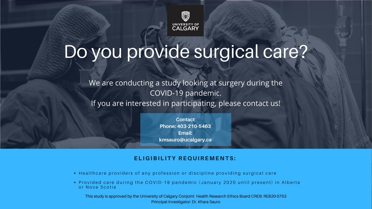 We are seeking surgeons in Alberta to participate in interviews for a research study to understand the impact of #COVID-19 on delays in #surgery. If you are interested in participating, please contact kmsauro@ucalgary.ca or njaworsk@ucalgary.ca.
