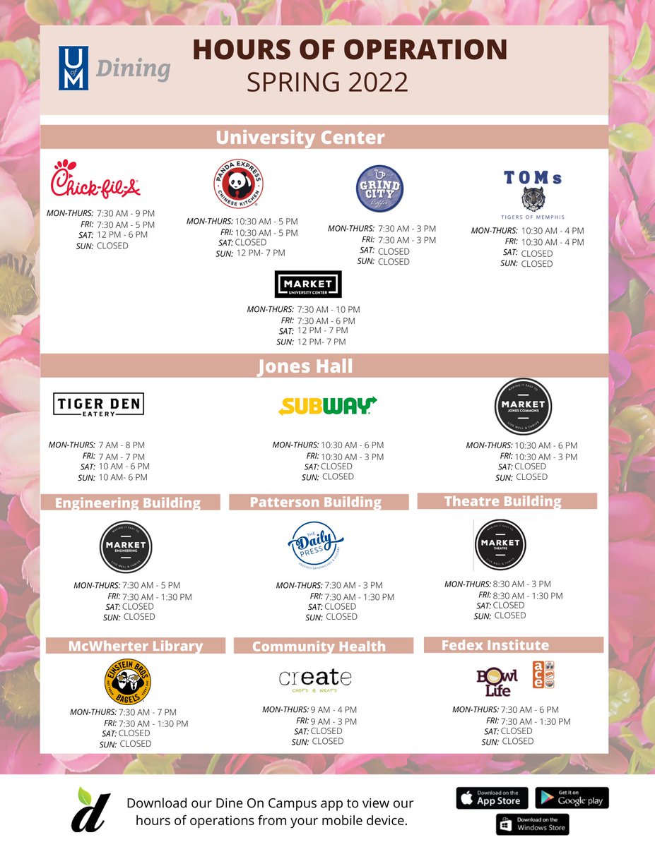 Welcome back Tiger!💙🐯
Here are the spring hours of this semester! Take a screenshot to have the hours in handy📲 #dineatuofm