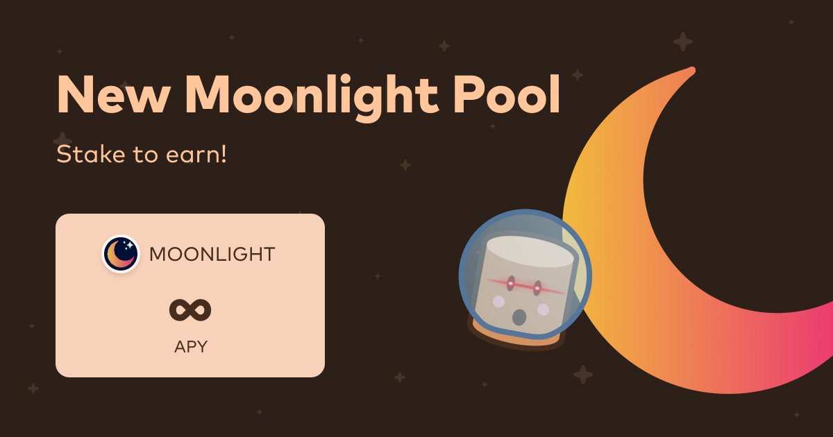 pacoca_io's tweet photo. 🥰 Sweet Paçoca is excited to announce the @moonlight_bsc pool!

🌙 Stake Moonlight, Earn Moonlight
🏁 Pool starts today at 7:20 PM UTC

ℹ️ Moonlight is a comprehensive tool provider on #BinanceSmartChain 

Join the farm:
➡️ https://t.co/H7no1DggI0 https://t.co/YGybyRMgLe