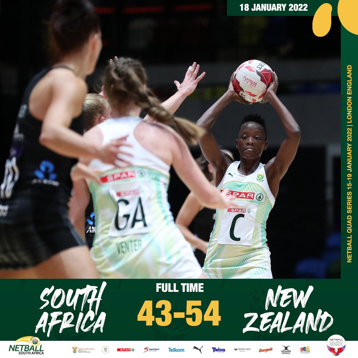 #QuadSeries 🇳🇿🆚🇿🇦 FULL TIME Great last quarter for the SPAR Proteas - winning it 16-11, and more lessons learned tonight before we face New Zealand again in 3rd/4th Playoff tomorrow at 19:15. #SPARProteas #WeAreAllIn 📸 @EnglandNetball / @benlumleyphoto