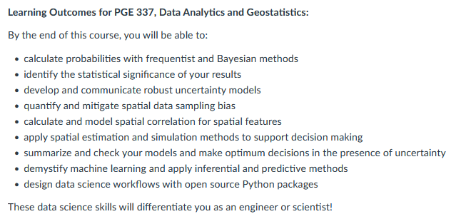 GeostatsGuy's tweet photo. I believe that teaching #DataScience to #engineers and #scientists enhances their impact with unique, essential knowledge, skills and attitudes. @abmarkman's guidance on crafting course 'learning objectives' is a great way to communicate this. Now at the top of my #syllabus: https://t.co/vU2nfZVIcm
