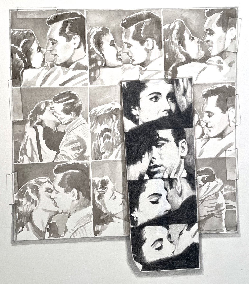 Drawing Cary Grant on his birthday. Here (in sepia ink) with Ingrid Bergman in Hitchcock's "Notorious." Liz &amp; Monty sneaked in from "A Place in the Sun" in pencil. A drawing wit kissing on the brain. #CaryGrant #IngridBergman #Hitchcock #drawing #pencilDrawing #inkDrawing #Movies