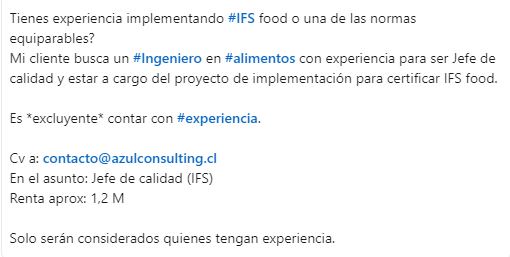 Oferta laboral
Ingeniero en alimentos