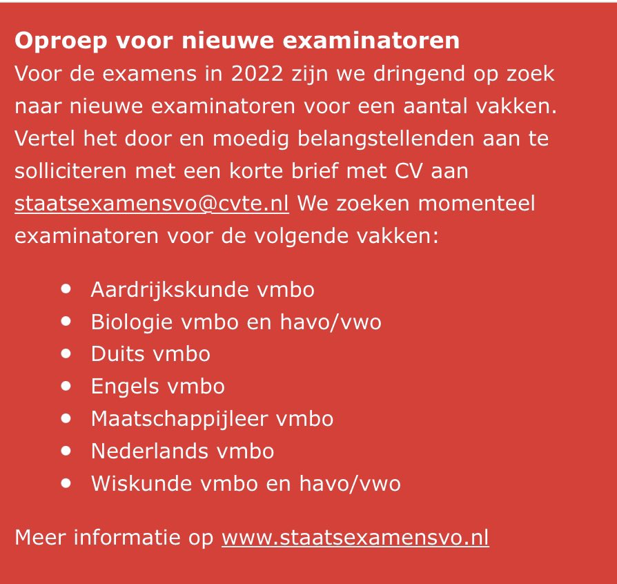 Docentohkrentje's tweet photo. Geef je les aan een examenklas en lijkt het je leuk om examens af te nemen met collega's van andere scholen? Je neemt examens af bij volwassenen, bij vso-leerlingen, bij leerlingen van de Wereldschool, enz. 
Meld je nu aan! staatsexamensvo@cvte.nl https://t.co/aYCXpUELsr