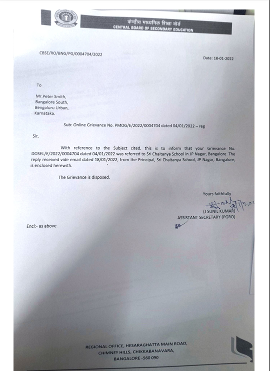 petsmith118's tweet photo. I complained about CBSE Board Term 1 Exam cheating incident at Sri Chaitanya School JP Nagar with complete honesty &amp; faith that the honest people will get justice. But this is what I have received. 
@PMOIndia @cbseindia29 #CBSE #cbseterm1 
Complete details in the thread (1 Page) https://t.co/DuQ7YG3ghG