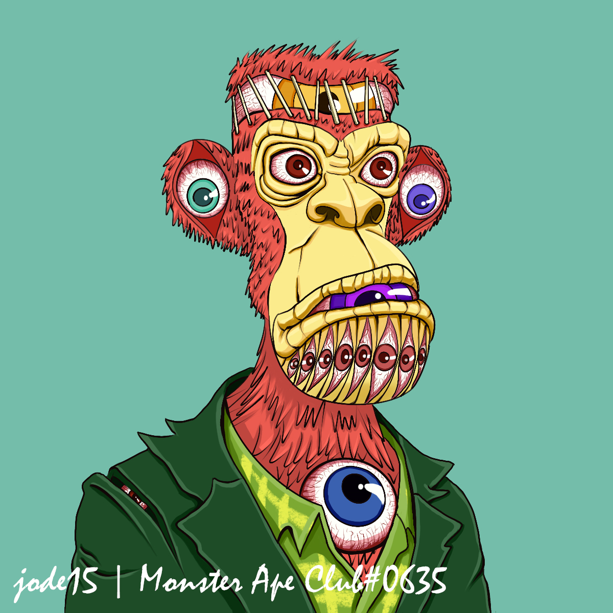 jode0821's tweet photo. I was fascinated by the idea and style of this project, so I spent three days drawing this fanart with eyes everywhere. @monsterapeclub @AlexNhance  #NFTCommmunity https://t.co/kdaYHdki25
