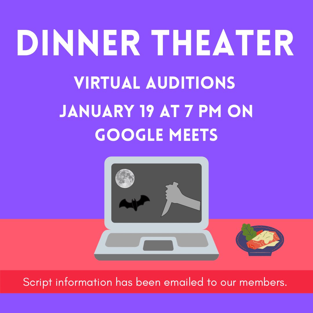 The semester is already in full swing and our 4th annual Dinner Theater performance is close. The show is a mix of improv, structure and interaction. We’re looking for actors to join us. We will be hosting a virtual audition January 19 at 7pm. We hope to see you there! 🥰 
#snhu