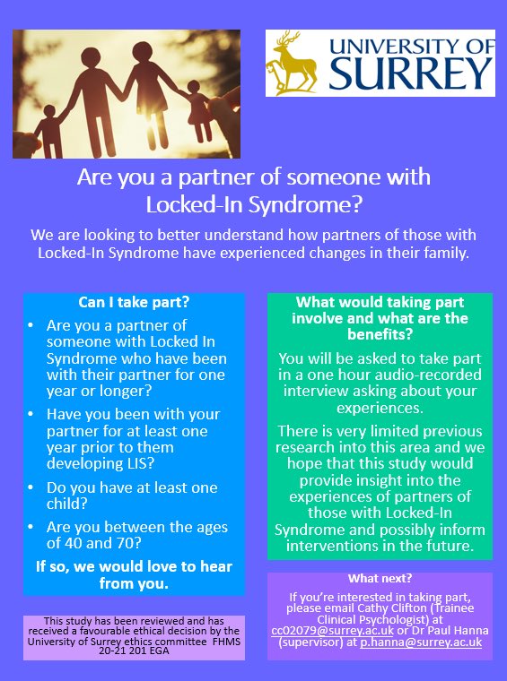 Just a reminder that we’re still recruiting partners of people with Locked-In Syndrome for this study exploring changes in family dynamics. Retweets appreciated! 😊
