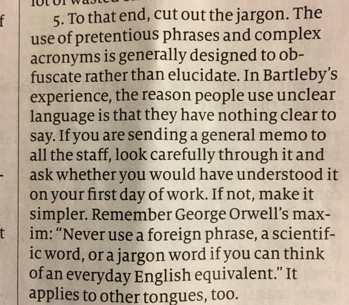 “The reason people use unclear language is that they have nothing clear to say”

A Manager’s Manifesto in ⁦<a href="/TheEconomist/">The Economist</a>

⁩