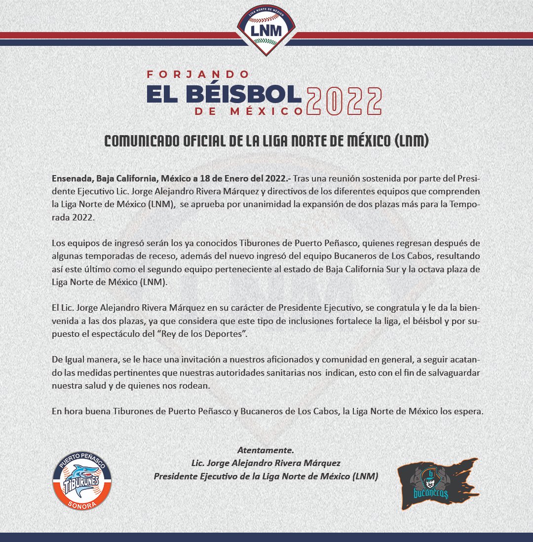#Comunicado 
¡Serán ocho plazas para la temporada 2022!🔥🔥
Mediante este comunicado hacemos oficial el reingreso de un gran equipo Tiburones de Puerto Peñascos y el ingreso de un nuevo equipo los Bucaneros de Los Cabos. ¡Bienvenidos! ⚾💪
#LNM #Temporada2022 #Béisbol