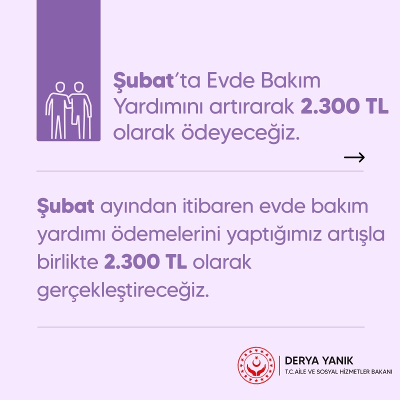deryayanikashb's tweet photo. Bakıma ihtiyacı olan engelli vatandaşlar ve ailelerine ekonomik destek sağlamak amacıyla verdiğimiz Evde bakım yardımı ödemelerini şubat ayından itibaren yaptığımız artışla birlikte 2.300 TL olarak gerçekleştireceğiz.