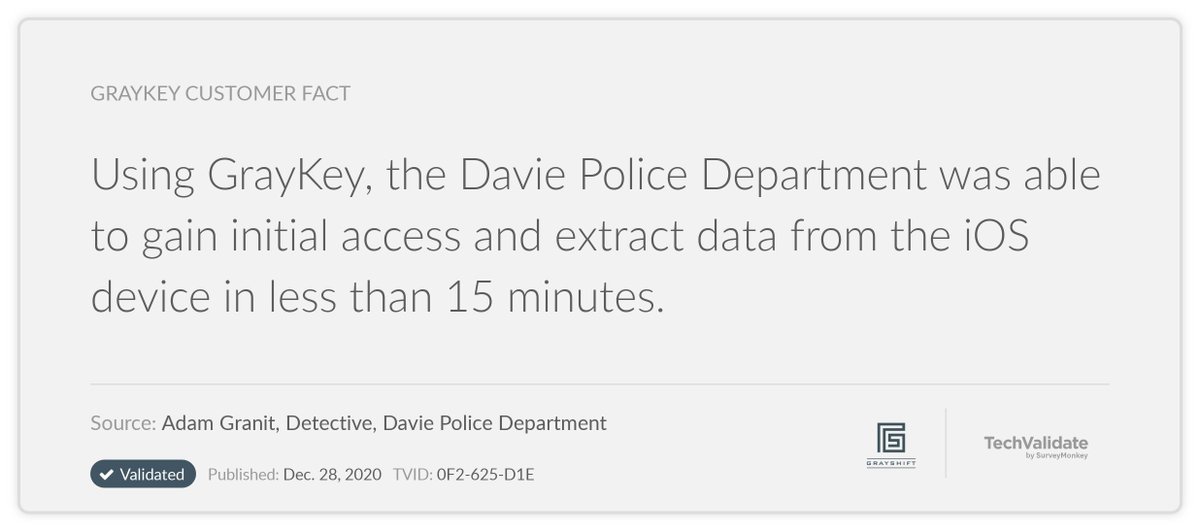 GrayshiftLLC's tweet photo. Get access to critical data in no time by using GrayKey! Although extraction times may vary according to the model and state of the device, some of our customers have managed to complete extractions in less than 15 minutes.
#GrayKeycustomerfacts https://t.co/Xke2AlZmOp
