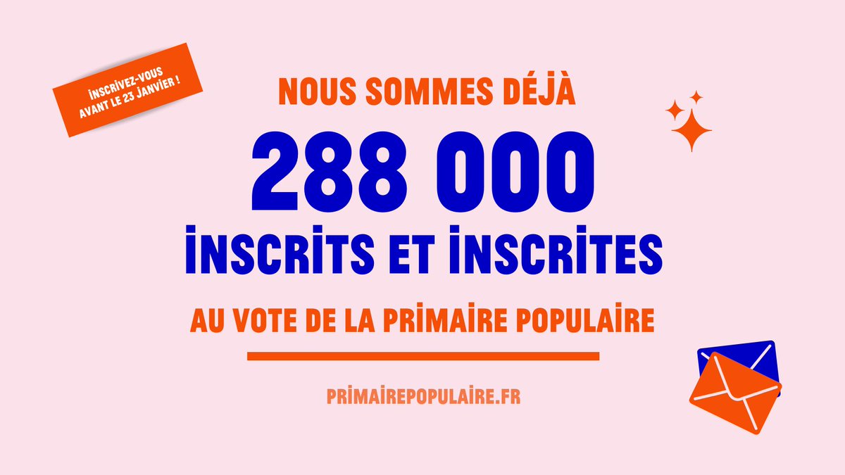 🔥 288 000 Françaises et Français veulent faire basculer la #Presidentielle2022 en participant au vote d'investiture de la #PrimairePopulaire, du 27 au 30 janvier 🔥

🖊️ Incitez vos proches à s'inscrire sur primairepopulaire.fr et nous vous donnons rendez-vous demain à 19h !