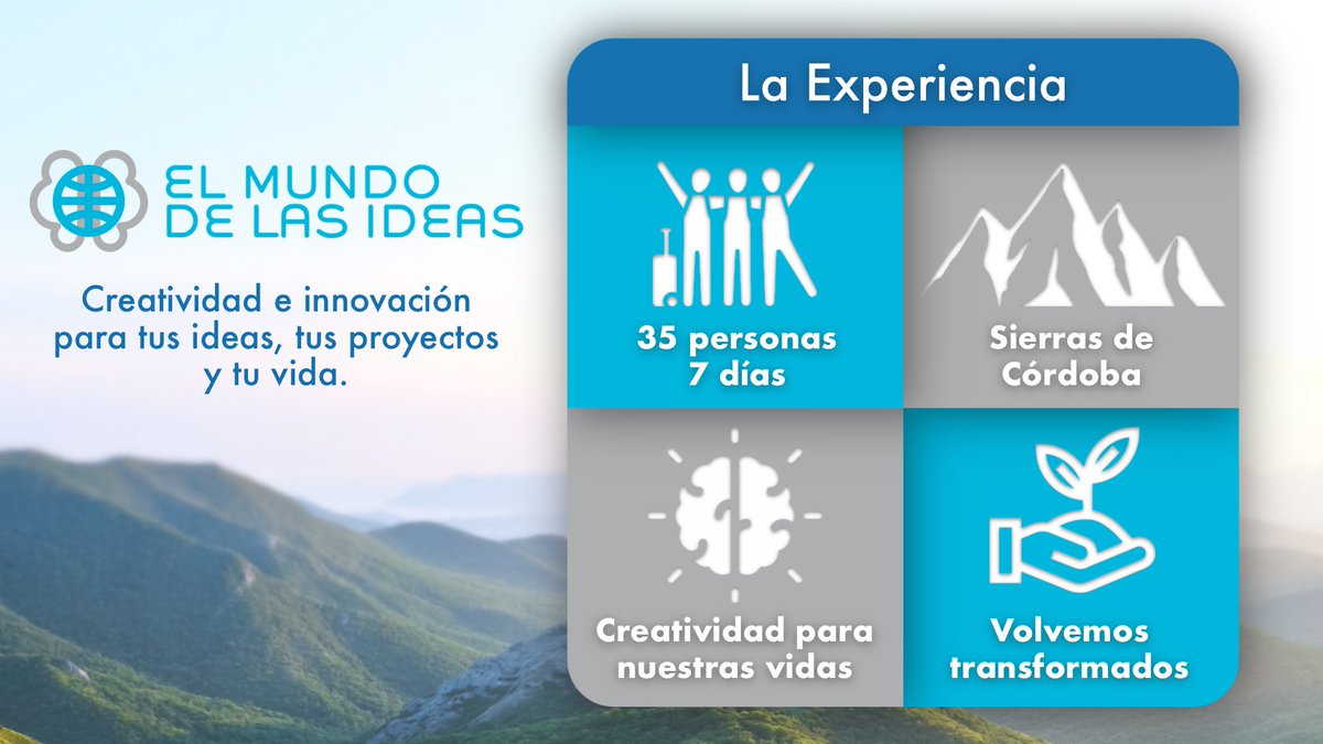 ¡Vuelve El Mundo de las Ideas con la nueva Experiencia: 1 semana con <a href="/melifurman/">Melina Furman</a>, <a href="/garbulsky/">Gerry Garbulsky</a> y un grupo increíble de 35 personas a las Sierras de Córdoba!

Si querés desarrollar la creatividad para tu vida, mirá los detalles en mundoideas.org.

¡Volvemos transformados!