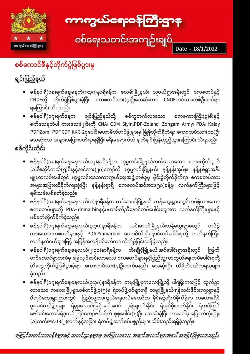 ZUNPYAEOO's tweet photo. Daily military summary news published by @NUGMyanmar government. 📑  #2022Jan18Coup #SanctionMOGE #WhatsHappeningInMyanmar https://t.co/rOR6G3aVpi