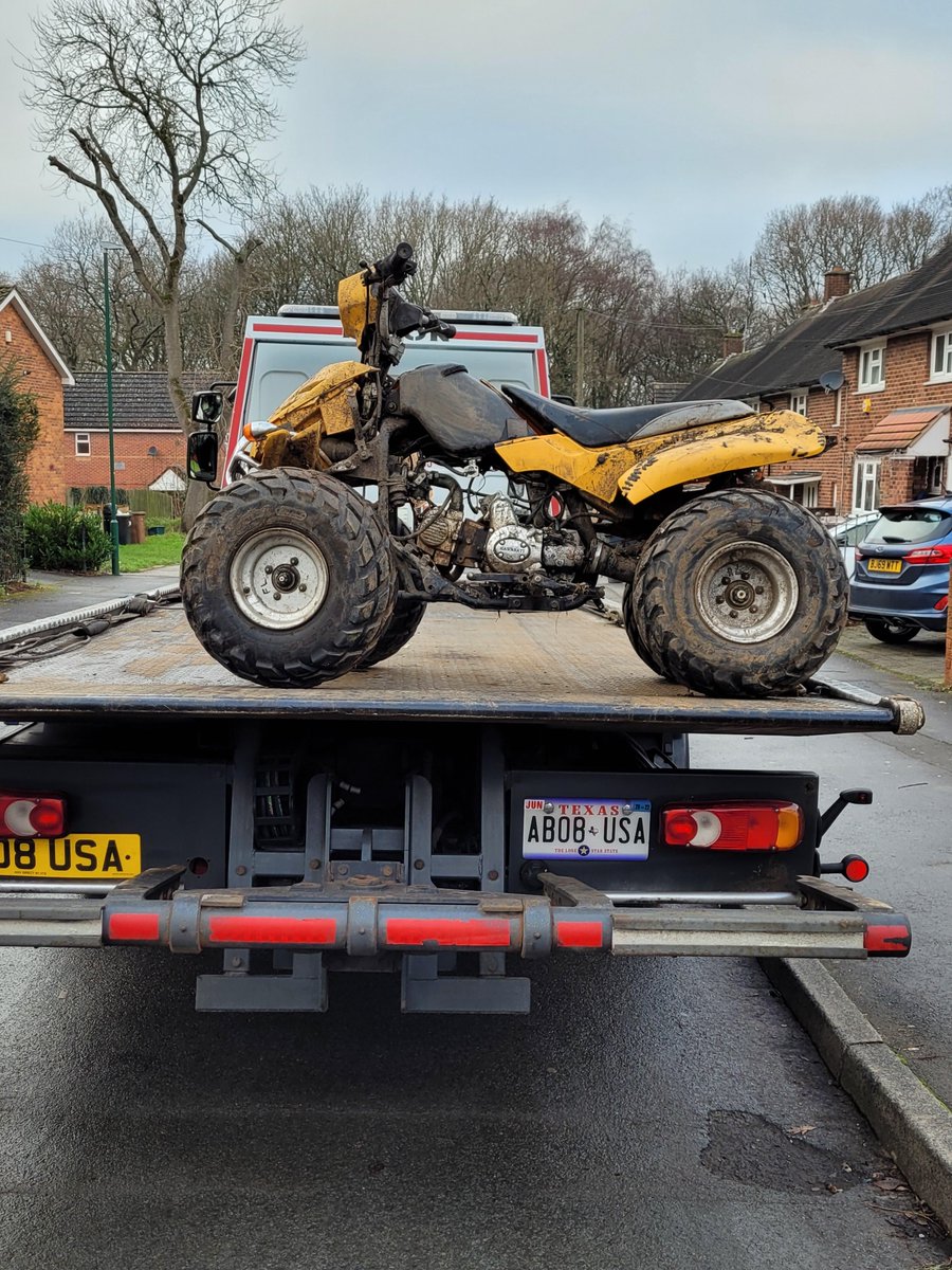 SolihullPolice's tweet photo. 🏍️ Our local officers have helped put the breaks on anti-social behaviour caused by a nuisance bike.

👍  Following information from the public, PCSO's Brady and Took seized a quad bike today which was being stored in the #Kingshurst area.

#LocalPolicing
#SolihullACTION https://t.co/cCnxgc7zLE