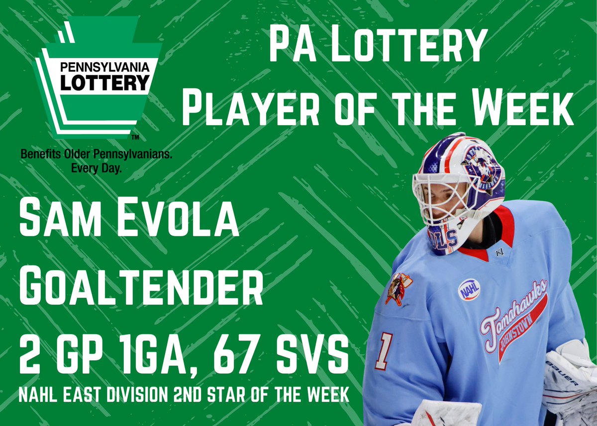 TomahawksHockey's tweet photo. As if it was up for debate... this week's @PALottery Player of the Week is netminder Sam Evola. Vols was solid all weekend against the Rebels, stopping 67 of 68 shots faced and earning a shutout in Saturday's contest. Evola was also the East Division's 2nd Star of the Week. https://t.co/gmDsUsfedg