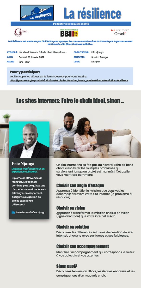 GramenAction's tweet photo. Cher(e)s membres de la communauté, le 8e atelier du projet La RESILIENCE s’approche. Le samedi 29 janvier 2022 de 19h à 21h, Gramen vous invite à vous inscrire à l’atelier sur les SITES INTERNETS : FAIRE LE CHOIX IDEAL, SINON … Lien: https://t.co/aUqKUn1NHP  Par Mr. ERIC NJANGA https://t.co/iOQ6TYLsHg
