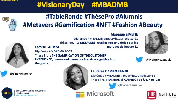 J'aurais l'honneur d'animer cette table ronde avec 3 #alumnis <a href="/MBADMB/">mbadmb</a> , dans le top 5 de nos #thèses professionnelles sur les sujets #gaming #luxe #beauté #nft #metavers... Merci <a href="/MeiteMazeguela/">Mazéguéla MEITE 👩🏾‍🚀🦾</a>  <a href="/DarienLauralee/">Lauralee Darien</a>  @GuenniLamise   d'avoir accepté ce défi ! <a href="/IBCBS/">IBCBS</a>